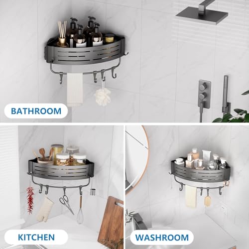 Onemake Corner Shower Caddy with Suction Cups, 1-Pack Shelf for Bathroom | Removable Aluminum Wall Mounted Organizer Shelves, Storage Rack with Towel Bar & Portable Hooks, for Bathroom, Kitchen,Grey - style: 1 Tier-Gray-Triangle Caddy