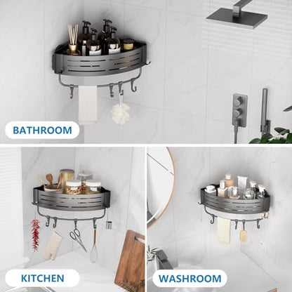 Onemake Corner Shower Caddy with Suction Cups, 1-Pack Shelf for Bathroom | Removable Aluminum Wall Mounted Organizer Shelves, Storage Rack with Towel Bar & Portable Hooks, for Bathroom, Kitchen,Grey - style: 1 Tier-Gray-Triangle Caddy