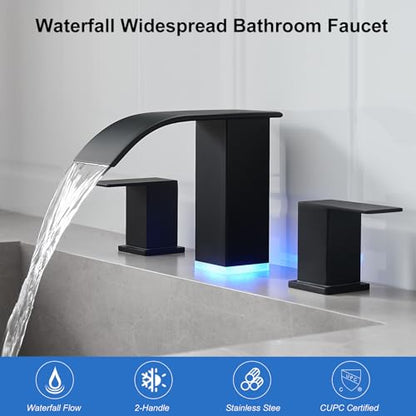 RUMOSE LED Bathroom Faucets Set 3 Hole Vanity Faucet with Pop Up Drain | Matte Black Bathroom Sink Faucet, Widespread Waterfall, 3 Colors Light Changing, Stainless Steel, Deck Mounted - color: Matte Black