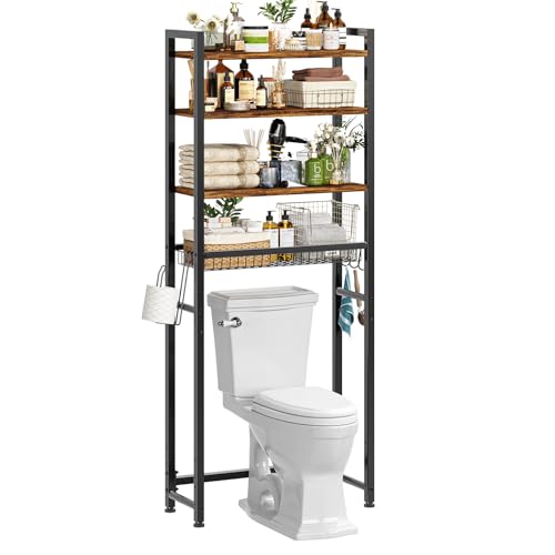 Ekisemio Over The Toilet Storage Rack, 4 Tier Over Toilet Shelf with Adjustable Feet, Freestanding Bathroom Organizer with Wooden Shelves, Hooks, Paper Holder, Vintage Brown