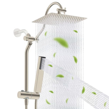 Hibbent 12'' Rainfall Showerhead with 4-mode Handheld Spray, Brushed Nickel | High Pressure Showerhead Combo, 12'' Adjustable Extension Arm, Extension Bar, Easy Reach Holder, 71'' Hose - color: Brushed Nickel, style: Square 12''