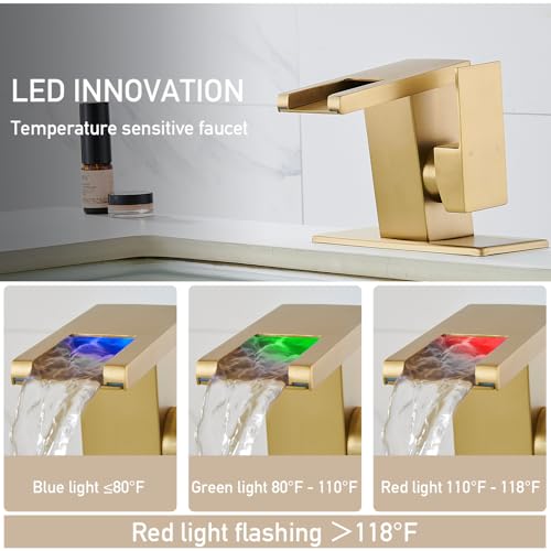 AVSIILE LED Bathroom Sink Faucet, Brushed Gold Waterfall Single Hole Handle Vanity Faucets for Sinks 1 Hole with Metal Pop Up Drain and 2 Water Supply Lines, Side Handle - color: Brushed Gold
