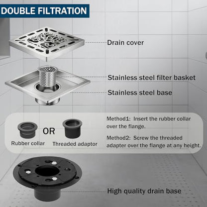 4 Inch Shower Drain, Square Shower Floor Drain Kit with Flange and Removable Cover Grate, AISI 304 Stainless Steel, Brushed Nickel - color: Brushed Nickel, size: 4 inches