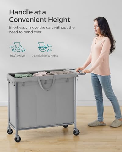 SONGMICS Laundry Basket with Wheels, 3-Section Rolling Laundry Hamper, 52.8 Gallons (200 L), Removable Liner, Steel Frame with Handle, 35.8 x 15.4 x 31.9 Inches, Dove Gray URLS005G01 - color: Dove Gray, size: 200 L (3-Section)