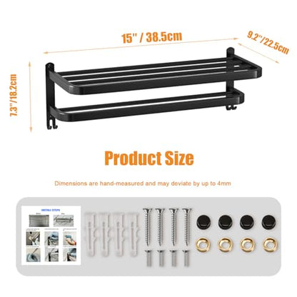 15 Inch Black Towel Racks for Bathroom Towel Shelf with Double Towel Bars Lavatory Wall Mount Holder with Hooks Stainless Steel Hotel Bath Rack (Matte Black) - color: Black15