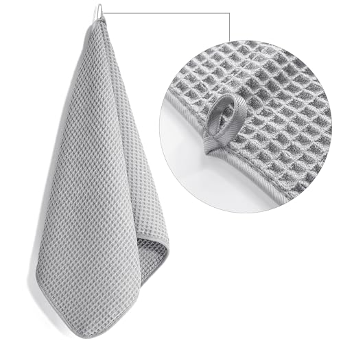 POLYTE 430 GSM Poly Blend Microfiber Quick Dry Waffle Hand Towel, 16x30 in | 4 Pack, Oversize, Lint Free, Quick Dry, Hanging Loop - color: Light Gray