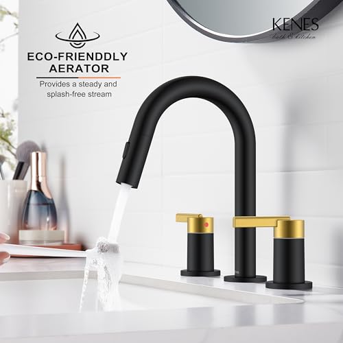 Black and Gold Pull Down Widespread Bathroom Faucet 3 Hole 2 Handle | Pull Out Bathroom Faucet with Pop Up Drain & Supply Lines, Lead-Free cUPC & NSF Certified, 8 Inch Faucet for Vanity RV Sink - color: Black & Gold