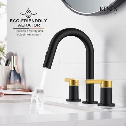 Black and Gold Pull Down Widespread Bathroom Faucet 3 Hole 2 Handle | Pull Out Bathroom Faucet with Pop Up Drain & Supply Lines, Lead-Free cUPC & NSF Certified, 8 Inch Faucet for Vanity RV Sink - color: Black & Gold