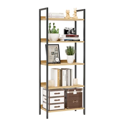 NUMENN Bookshelf, 5 Tier Bookshelves, Home Office Bookcase Shelf Storage Organizer, Free Standing Storage Shelving Unit for Bedroom, Living Room and Home Office, Natural | Metal Frame & Wood Shelves, Falling Prevention Baffle, Open Storage Bookcase for Be