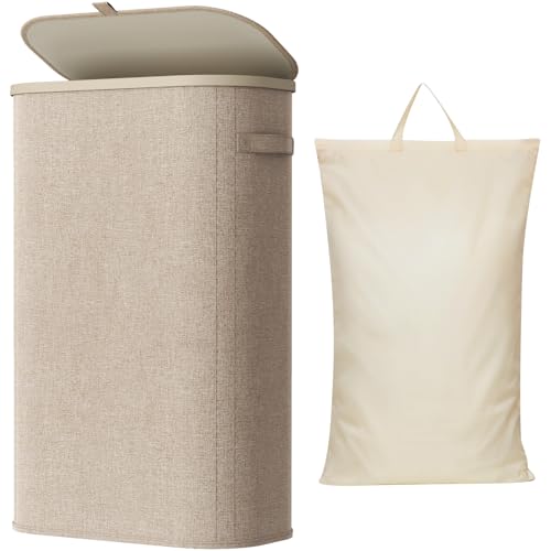Lifewit Slim Laundry Basket with Lid, Narrow Laundry Hamper with Plastic Handles and Removable Bag, Tall Foldable Dirty Clothes Hampers for Laundry Room, Bedroom, Bathroom, Dorm, 65L Beige - color: Beige, size: 65L