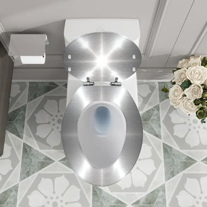 Elongated Toilet Seat Silver Brushed metal Resin Toilet Seat Quietly Close Quick Release Hinges with Cover Bumpers Decorative Easy to Install Clean