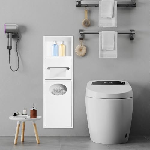 Recessed Toilet Paper Holder, Stainless Steel Shower Niche, Recessed Wall Niche, in-Wall Trash Bin Cabinet, Toilet Storage Cabinet with Trash Can for Bathroom - White - color: White