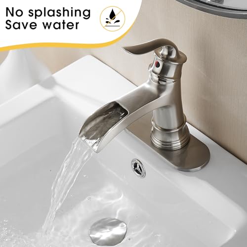 Waterfall Faucet Bathroom Faucet Single Handle One Hole Brushed Nickel Finish Large Spout Lavatory Faucets (Brushed Nickel) - color: Standard - Brushed Nickel - Single