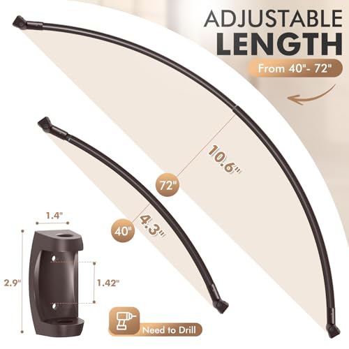 Curved Shower Curtain Rod for Bathroom, 40-72 Inches Adjustable Shower Rod | Rustproof Shower Curtain Rod with Rotating Brackets for Extra 30% Large Shower Space, 0.9MM thickness, Need to Drill, Bronze - color: Bronze