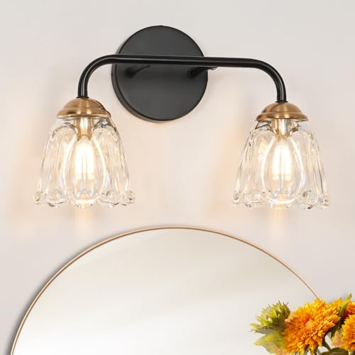 Antique 2 Light Bathroom Light Fixtures, Black and Gold Vanity Lights for Bathroom, Vanity Light Fixture with Clear Glass, Vintage Bathroom Lights over Mirror, Wall Sconce for Bedroom, Living Room - color: Black+Gold, size: 14.17in