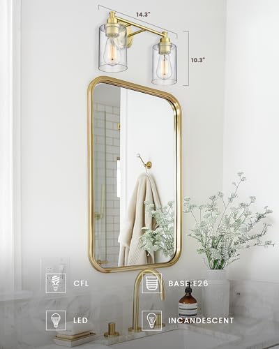FEMILA Champagne Gold Bathroom Vanity Light, 2-Light Vanity Lighting fixtures, Modern Wall Sconce Bathroom Lighting with Claer Glass Shade, 4FYC56B-2W BG - color: Champagne Gold, size: 14.3"
