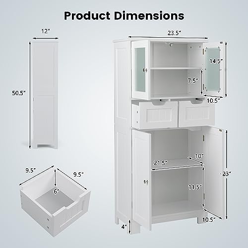 COSTWAY Tall Bathroom Storage Cabinet, Freestanding Storage Organizer with Glass Doors, 2 Drawers & 2 Adjustable Shelves, Wooden Linen Floor Cabinet for Bathroom, Living Room, Kitchen (White) | with Glass Doors, 2 Drawers & 2 Adjustable Shelves, Wooden Li