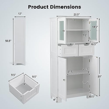 COSTWAY Tall Bathroom Storage Cabinet, Freestanding Storage Organizer with Glass Doors, 2 Drawers & 2 Adjustable Shelves, Wooden Linen Floor Cabinet for Bathroom, Living Room, Kitchen (White) | with Glass Doors, 2 Drawers & 2 Adjustable Shelves, Wooden Li