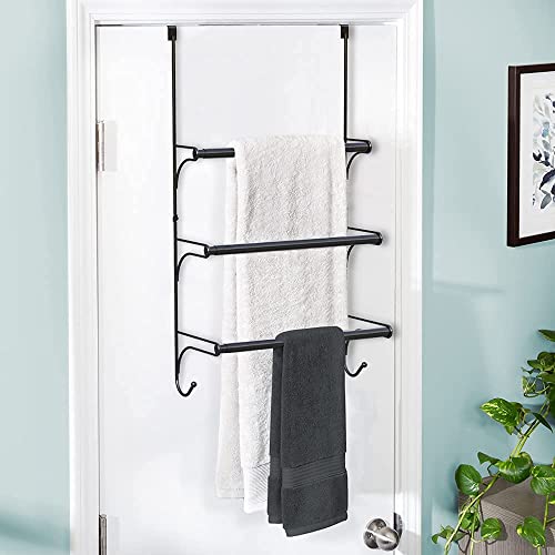 Auledio Adjustable Over the Door Triple Towel Rack with Hooks,Black - color: Black