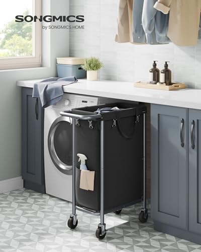 SONGMICS Laundry Basket with Wheels, Rolling Laundry Hamper, 23.8 Gallons (90 L), Removable Liner, Steel Frame with Handle, 24 x 11.4 x 31.9 Inches, Ink Black URLS003B01 - color: Ink Black, size: 90 L (1-Section)