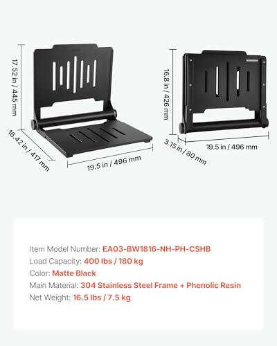 VEVOR Foldable Shower Seat Wall Mounted, 17.8" Folding Shower Bench with Supportive Backrest, Plastic Fold-Down Bathroom Corridor Seat with Stainless Steel Frame for Adults Seniors, 400LBS Loading