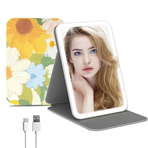 FUNTOUCH Rechargeable Travel Lighted Makeup Mirror with PU Leather Cover | Portable Travel Makeup Mirror with lights, 3 Color Lighting,Touch Dimmable, Light Up Tabletop Cosmetic Mirror Folding Flower - color: Flower