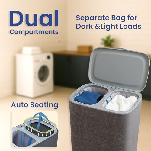 Dual Section 90L Laundry Basket with Wheels and Lid – Tall divided Double Laundry Hamper with 2 Removable Washable Bags, Large Laundry Sorter for Easy Clothes Separation