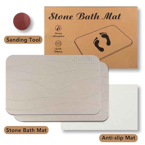 Stone Bath Mat Large, Diatomaceous Earth Shower Mat, Non-Slip Super Absorbent Quick Drying Bathroom Floor Mat, 2 Pack,23.62x15.35, Greyish White - color: Greyish White
