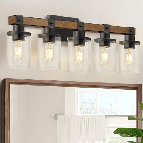 5-Light Bathroom Light Fixture, Farmhouse Vanity Lights for Bathroom with Glass Shade, Rustic Bathroom Light Fixtures, E26 Base F10BD05W1 - size: 5-Light
