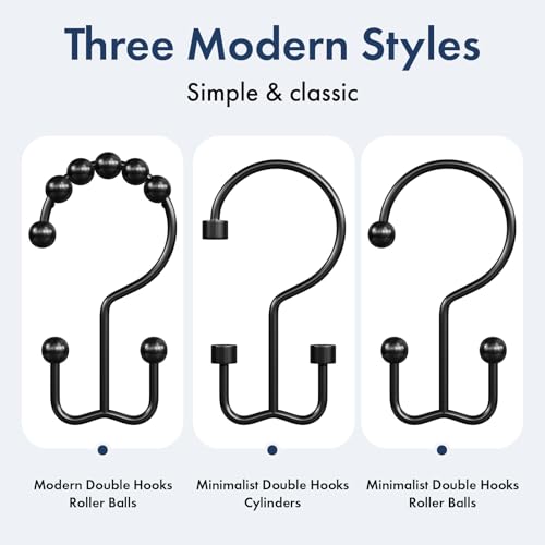 Bathway Shower Curtain Hooks Matte Black Shower Curtain Rings, 12 Pcs Double Hook Shower Curtain Hooks Rings Shower Curtain Hangers Rust Proof, Metal Shower Hooks for Bathroom Shower Curtain Rod - color: Matte Black, style: Minimalist