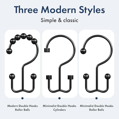 Bathway Shower Curtain Hooks Matte Black Shower Curtain Rings, 12 Pcs Double Hook Shower Curtain Hooks Rings Shower Curtain Hangers Rust Proof, Metal Shower Hooks for Bathroom Shower Curtain Rod - color: Matte Black, style: Minimalist