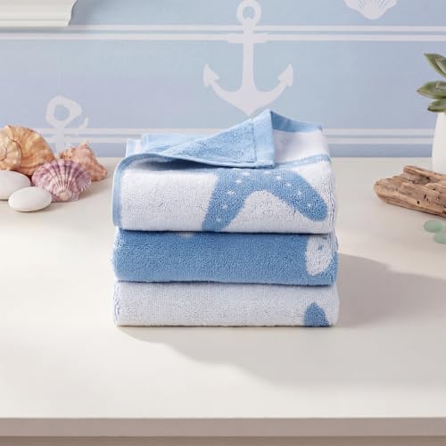 Chumia 3 Pack Coastal Bathroom Towels, Starfish Embroidered Hand Towel Set, 15.75 x 23.62 Inch Cotton Jacquard Washcloth, Soft Decorative Gift for Summer Holiday Beach Home Bathroom Kitchen Decor