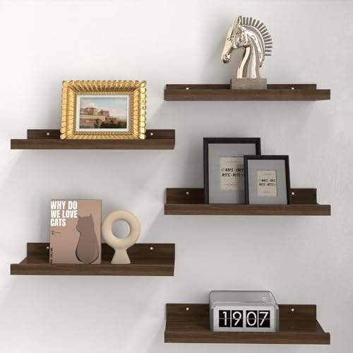 RICHER HOUSE 5-Set Floating Shelves with Lip, Walnut Wall Mounted Shelf | Display Picture Ledge Shelf, Anti-drop lip Shelf for Room Wall Decor, Bedroom Bathroom Storage Nursery Books, Easy Setup 16in - color: Walnut