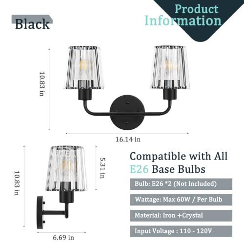 Black Vanity Lights, 2-Light Crystal Bathroom Light Fixtures | Modern Bathroom Vanity Light E26 Wall Light over Mirror (Exclude Bulb) - color: Black, size: 2-Light