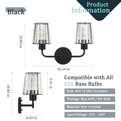 Black Vanity Lights, 2-Light Crystal Bathroom Light Fixtures | Modern Bathroom Vanity Light E26 Wall Light over Mirror (Exclude Bulb) - color: Black, size: 2-Light