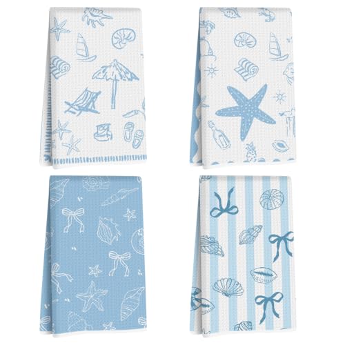 ZHAMEN 4 Pcs Beach Decor Kitchen Towels, Absorbent Microfiber Dish Cloth Tea Towel, Waffle Soft Hand Towels for Ocean Bathroom Decor, Housewarming Gifts for Women - color: Multi 1564
