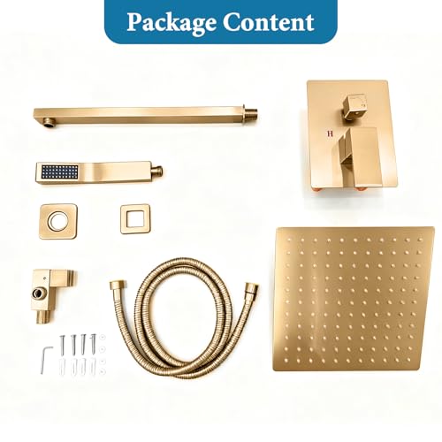 Brushed Gold Square Rainfall Shower Head Set with Handheld, 10" | Wall Mounted Bathroom Shower Faucet, 10 Inch Square Head, With Shower Valve, Rustproof Brushed Gold, High Pressure Raindrop - color: Brushed Gold, style: 2 Setting-10in