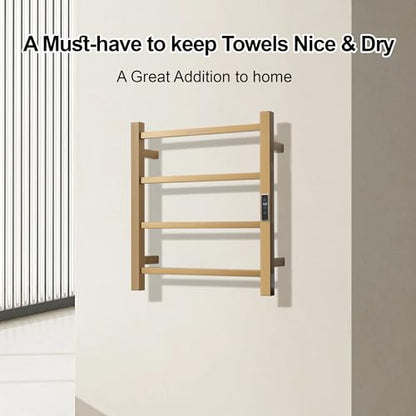 Electric Heated Towel Warmer - Wall Mounted Bathroom Towel Rack, Plug-in Design & Gold Brushed Stainless Steel Finish Gold with Timer & Temperature Control, 4 Bar - color: Square Gold With Timer, size: 4 Bar