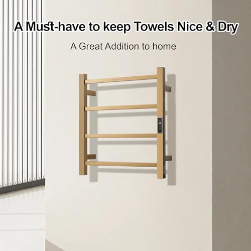 Electric Heated Towel Warmer - Wall Mounted Bathroom Towel Rack, Plug-in Design & Gold Brushed Stainless Steel Finish Gold with Timer & Temperature Control, 4 Bar - color: Square Gold With Timer, size: 4 Bar
