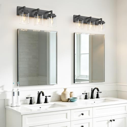 Matte Black Bathroom Light Fixtures, Modern Vanity Lights with Clear Glass Lamp Shade, Bathroom Lighting Fixtures Over Mirror, Restroom Vanity Lighting Fixture, 3-Light 22 Inch - color: Blakc, size: 3-Light