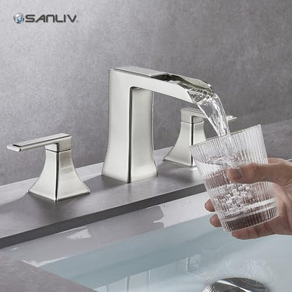Brushed Nickel Bathroom Faucet, Sanliv Widespread Bathroom Faucet for 3-Hole Sinks 4-8 inch, 2-Handle Waterfall Vanity Faucets with Pop-Up Drain, Brushed Nickel - color: Brushed Nickel