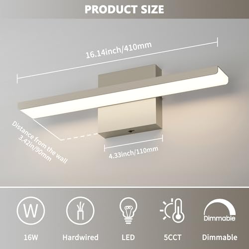 JUSHENG Brushed Nickel Modern LED Vanity Lights for Bathroom Light Fixtures, 16 Inch 16W 5CCT Dimmable Vanity Light Bar Bathroom Lighting, ETL Certificated - color: Brushed Nickel-5CCT, size: 16'' Long-Dimmable