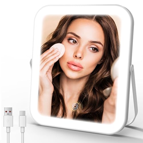 ROLOVE Travel Makeup Mirror with Lights, Ultra-Thin Aluminum Lighted Vanity Mirror, 8"x10" Rechargeable LED Mirror for Travel & Desk, 3 Color Dimmable Portable Folding Mirror, Gifts for Women - size: 10"L x 8"W