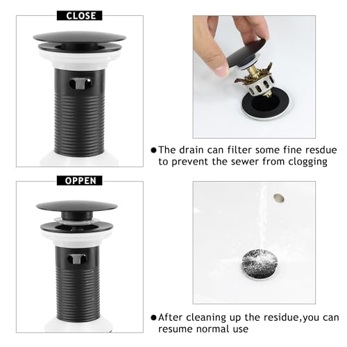 Bathroom Sink Drain,Drain Stopper Bathroom Sink with Overflow,Pop Up Drain Assembly with Detachable Strainer Basket,Built-in Anti-Clogging, Stainless Steel Nut Mattle Black - color: Matte Black-big Cap, style: With Overflow