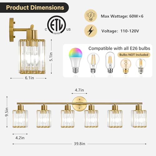 6 Light Bathroom Light Fixtures, Modern Crystal Vanity Lights over Mirror | Metal Frame, Bathroom Light with Square Crystal Shade, ETL Certified, E26 Ceramic Socket, Bulbs Not Included - color: Gold, size: 6-Light