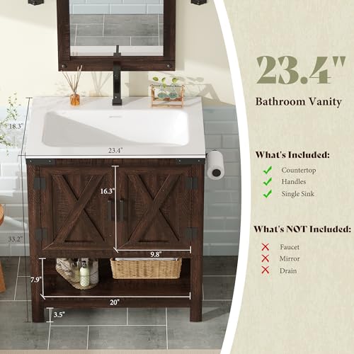 AMERLIFE 24" Brown Farmhouse Bathroom Vanity with Sink and Open Shelf | Rustic Brown, Single Solid White Integrated Top, Moisture-Resistant MDF, Barn Doors, Open Shelf, Paper Towel Holder - color: Rustic Brown, size: 24“
