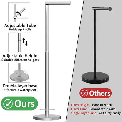 RUACQ Bathroom Toilet Paper Holder Stand with Storage, Brushed Nickel | Free Standing Toilet Roll Holder, Height Adjustable, Holds 6 Reserve Rolls, Weighted Base, 304 Stainless Steel Rustproof - color: Nickel Brushed