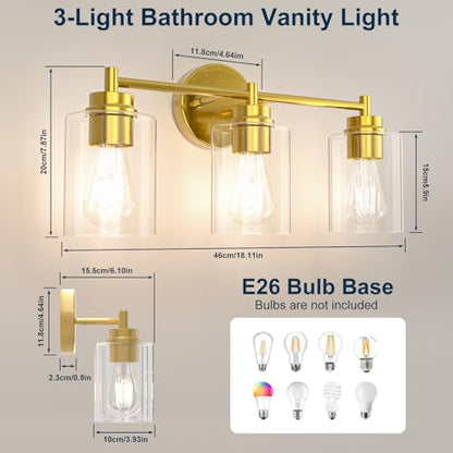 Bathroom Vanity Light Fixtures, 3-Light Brushed Gold Wall Sconce with Clear Glass, Modern Vanity Lights Over Mirror for Bathroom, Kitchen, Living Room, Mirror, E26 Base(Bulbs Not Included) - color: Gold 3 Lights