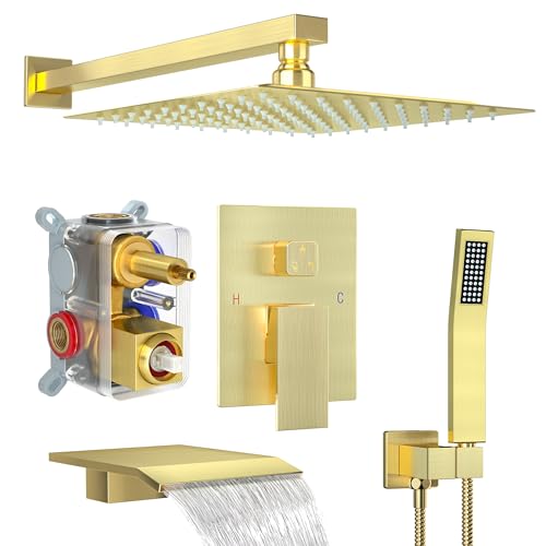 Shower System with 12-Inch Rain Head and Tub Spout | All-Metal Tub Shower Faucet Set, Wall Mounted Rain Showerhead, Handheld Spray, Includes Valve and Trim Kit, Brushed Gold - color: Brushed Gold, style: 12"-With Tub Spout