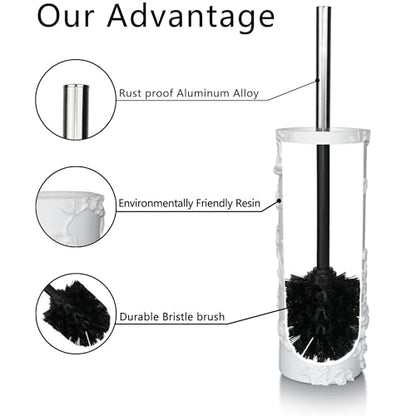 White Floral Branches Design Resin Toilet Bowl Brush and Holder Set, Elegant Bathroom Cleaning Tool with Durable Bristles, Compact and Functional - style: White Branches